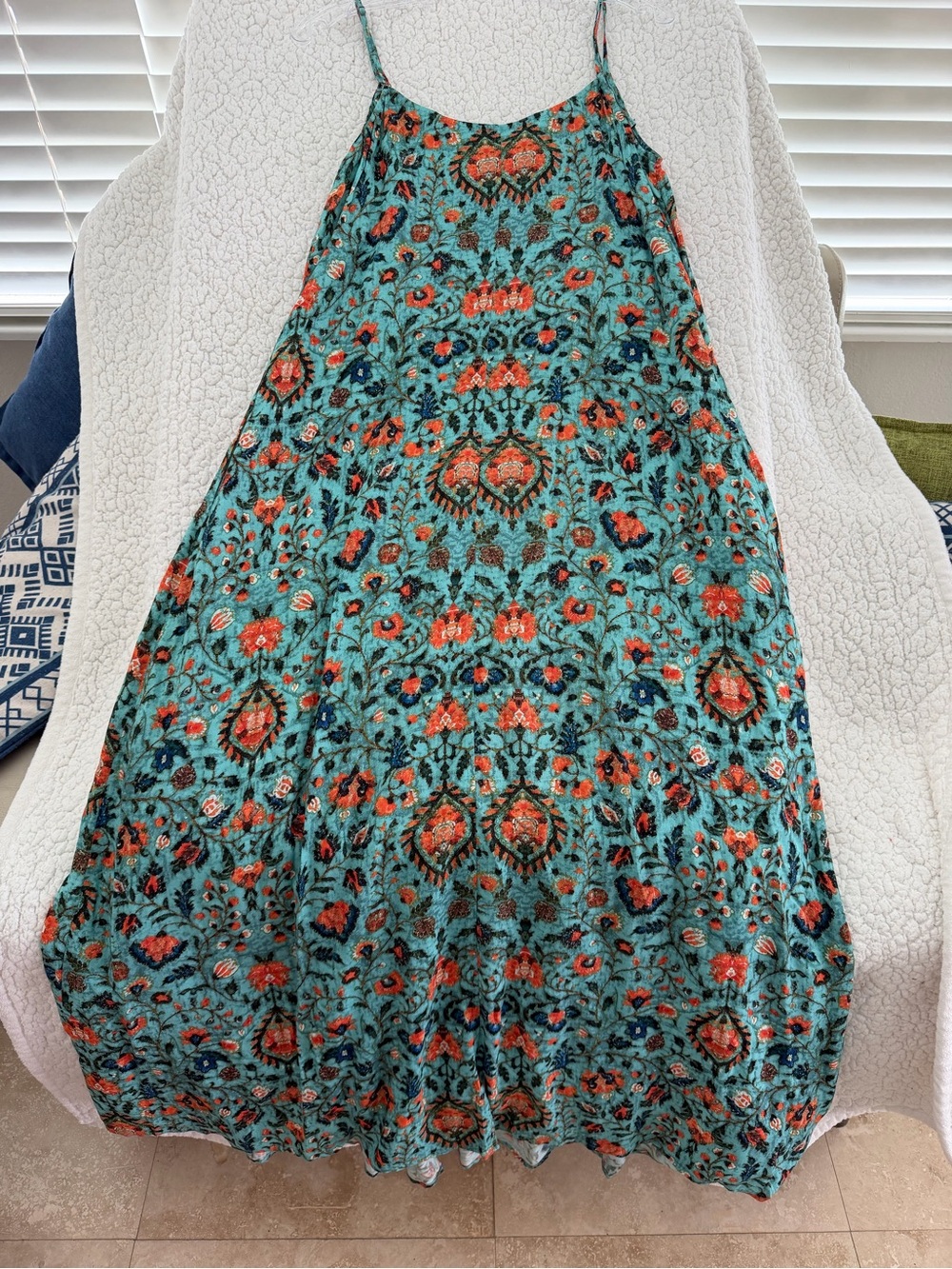 Peruvian Connection Teal Floral Slip Maxi Dress with Orange Accents - Picture 5 of 5